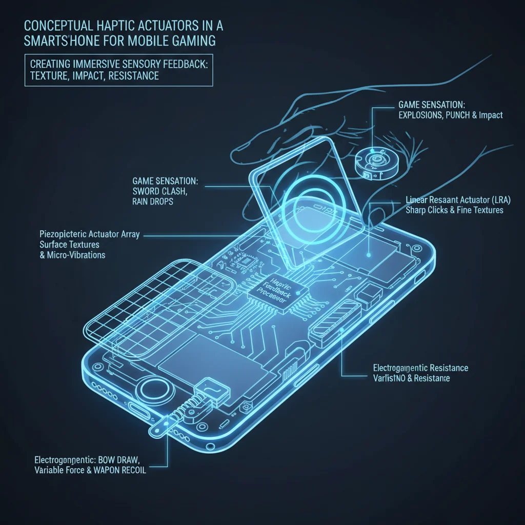 Diagram showing haptic actuators and varied sensations in mobile gaming