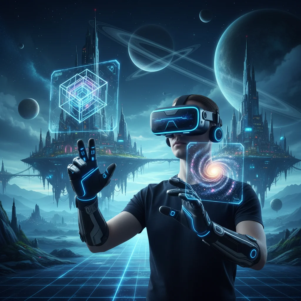Person experiencing haptic feedback in VR with gloves and headset interacting with virtual objects