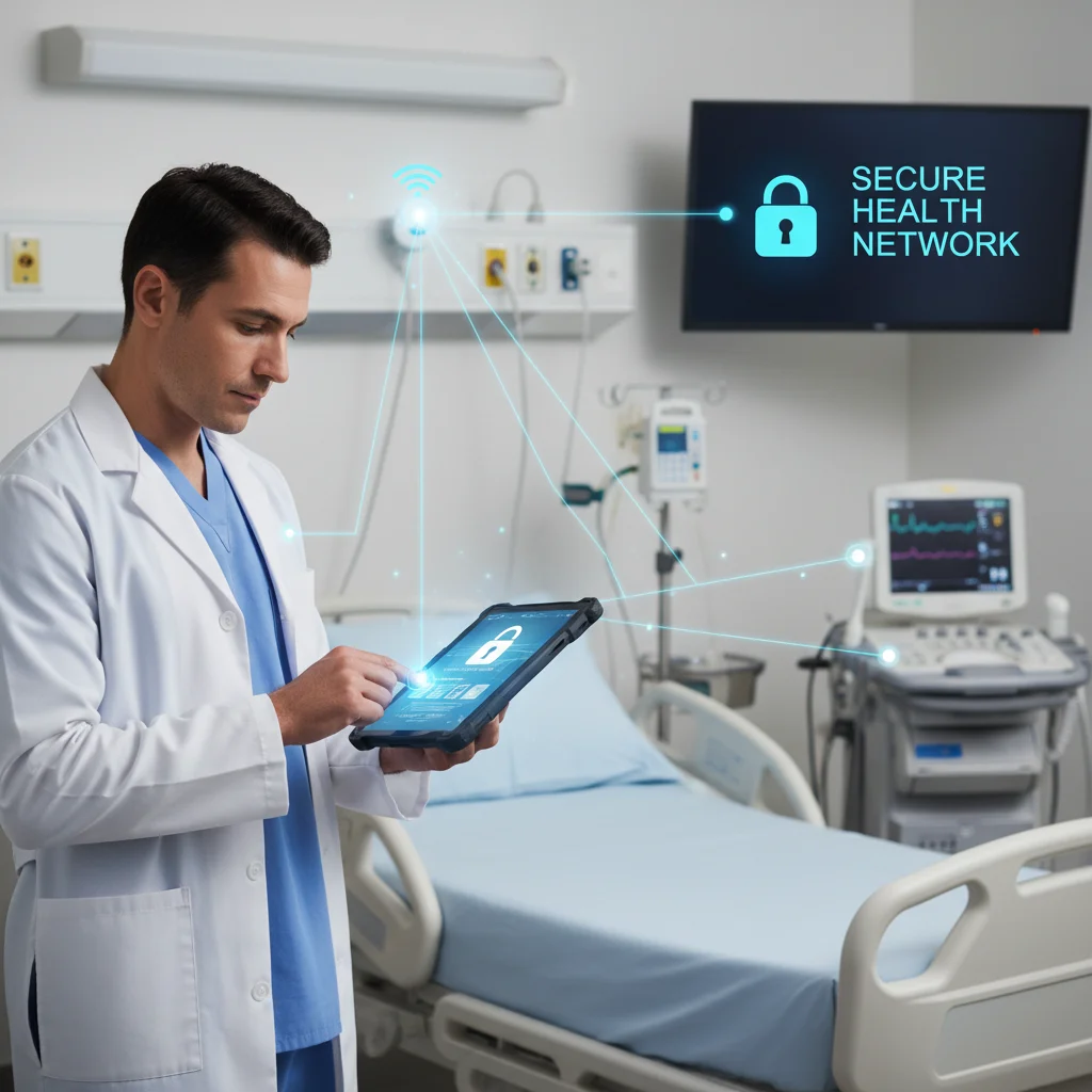 Medical professional securely accessing patient data on a tablet with edge computing.