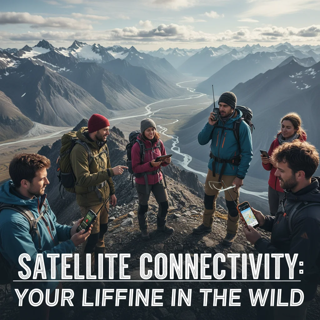 Hikers using satellite-connected smartphones for emergency communication in wilderness