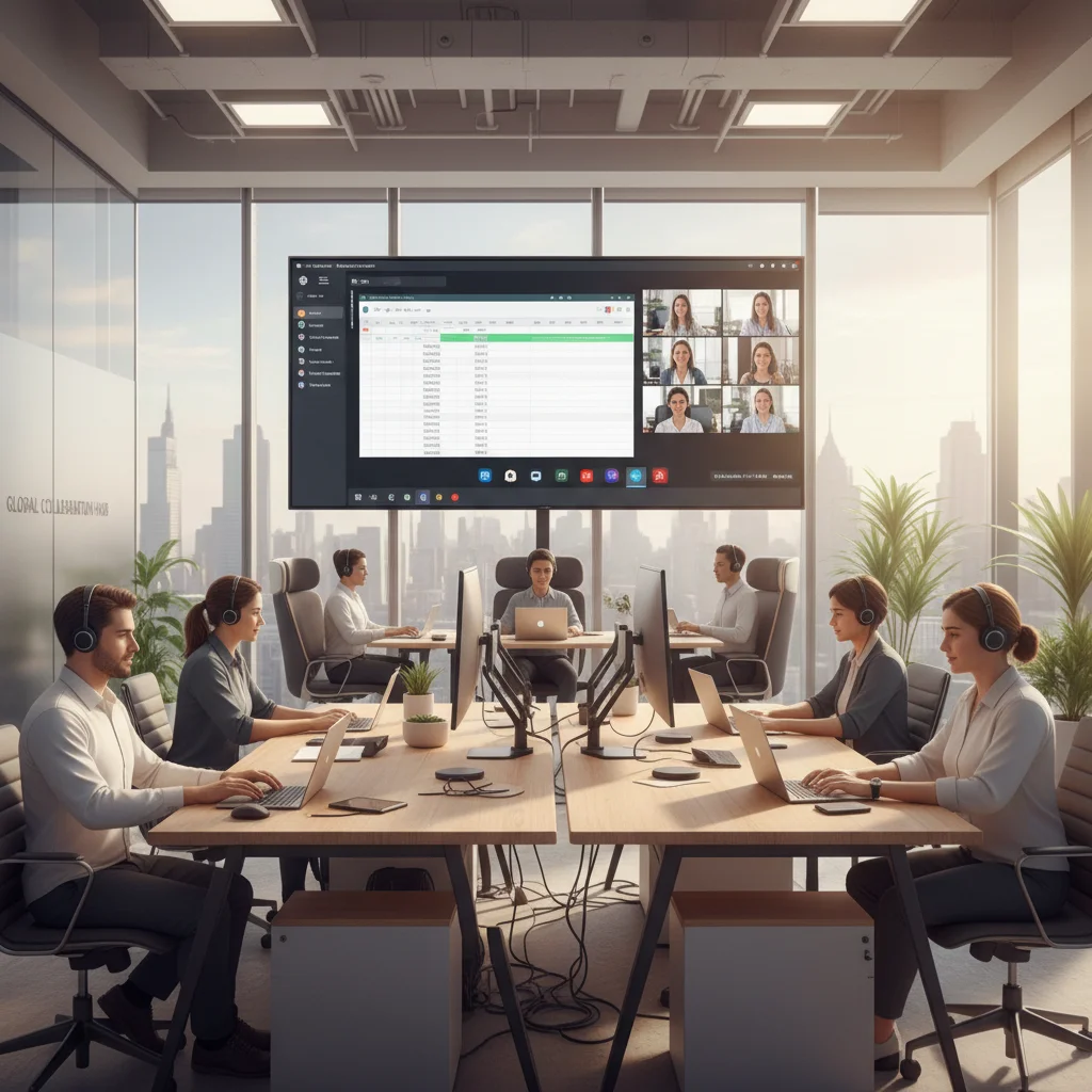 Hybrid work model integrating remote and in-office teams