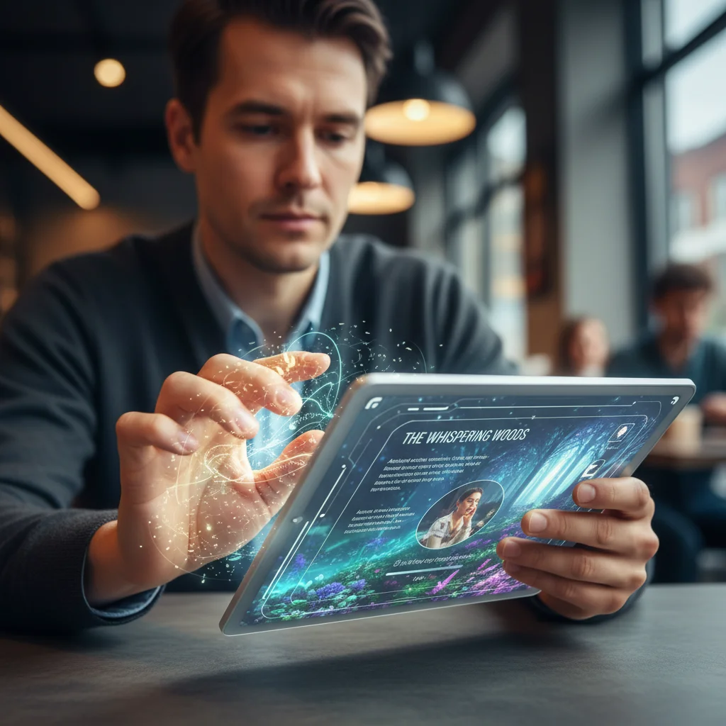 User interacting with immersive digital story on tablet