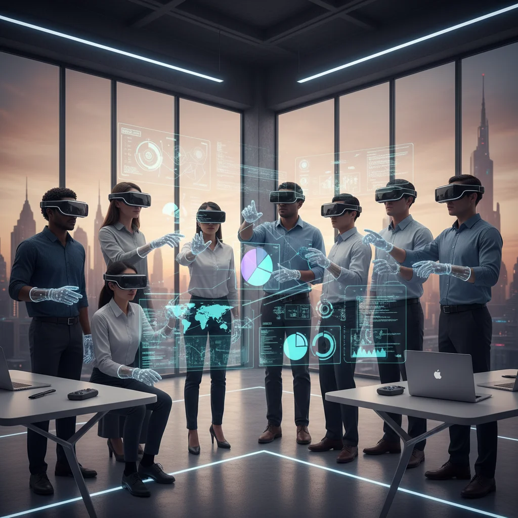 Professionals collaborating in an immersive virtual reality meeting space with shared 3D models.