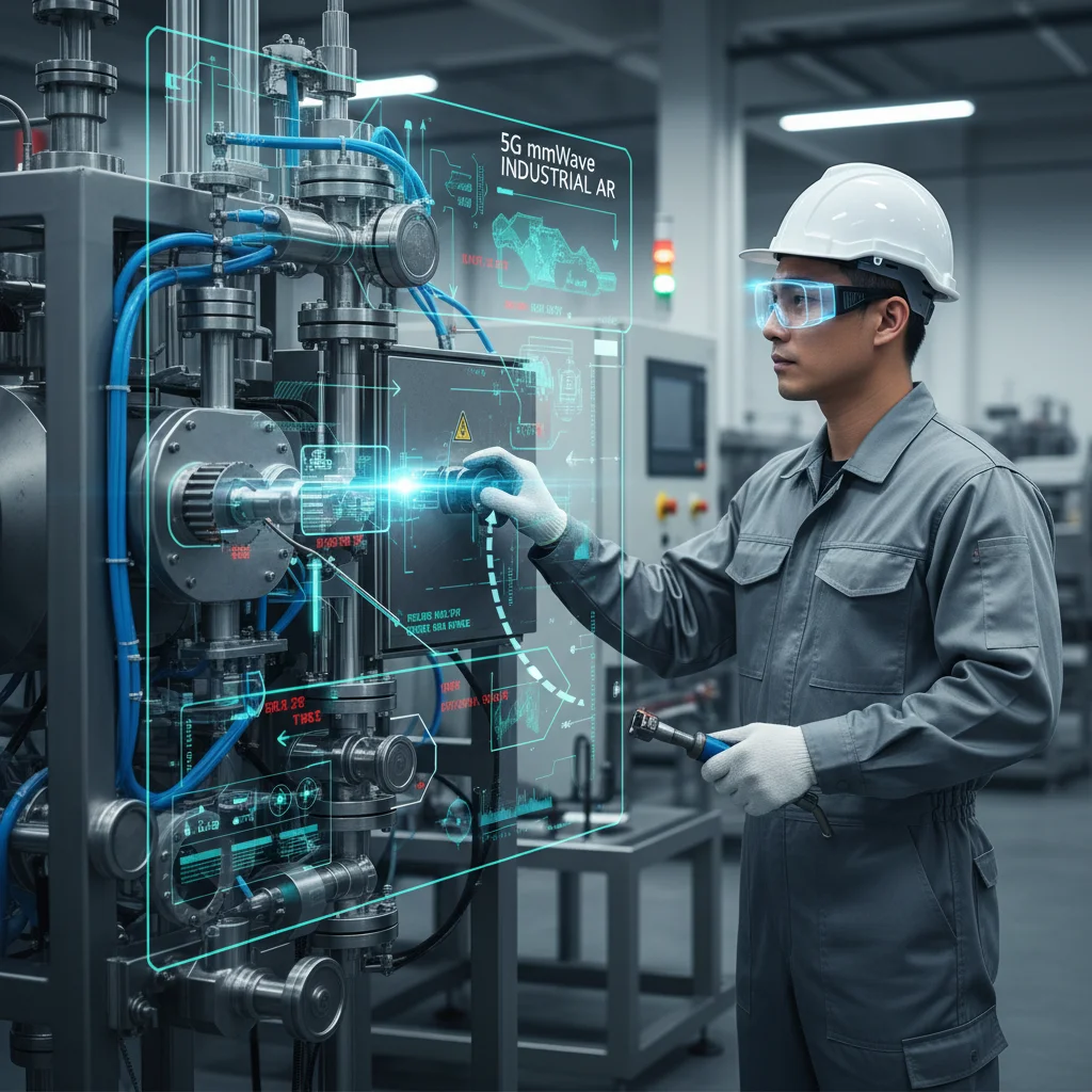 Engineer performing industrial maintenance with 5G mmWave AR glasses.