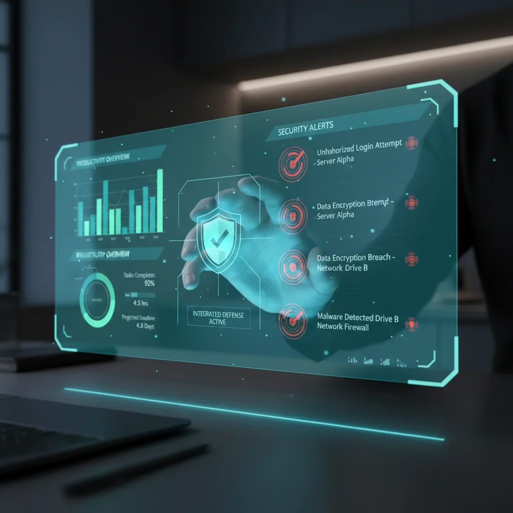 Holographic interface showing integrated productivity and security features