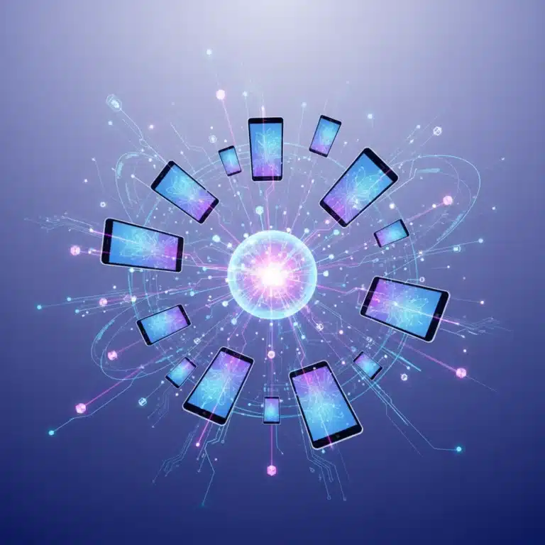 Illustration of interconnected devices symbolizing global digital communication and future app features.