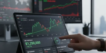 Modern investment app interface on a tablet displaying financial growth
