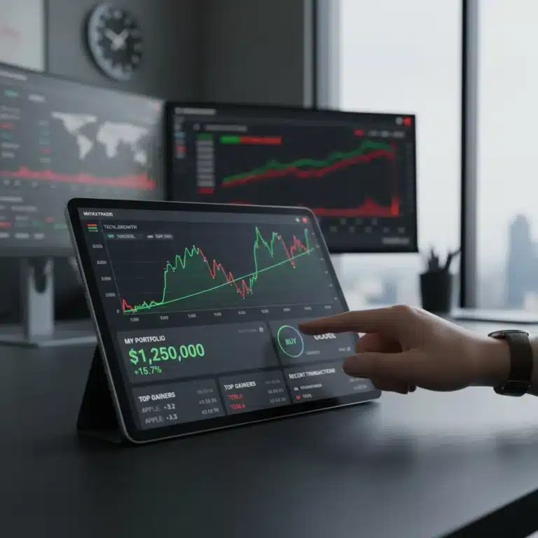 Modern investment app interface on a tablet displaying financial growth