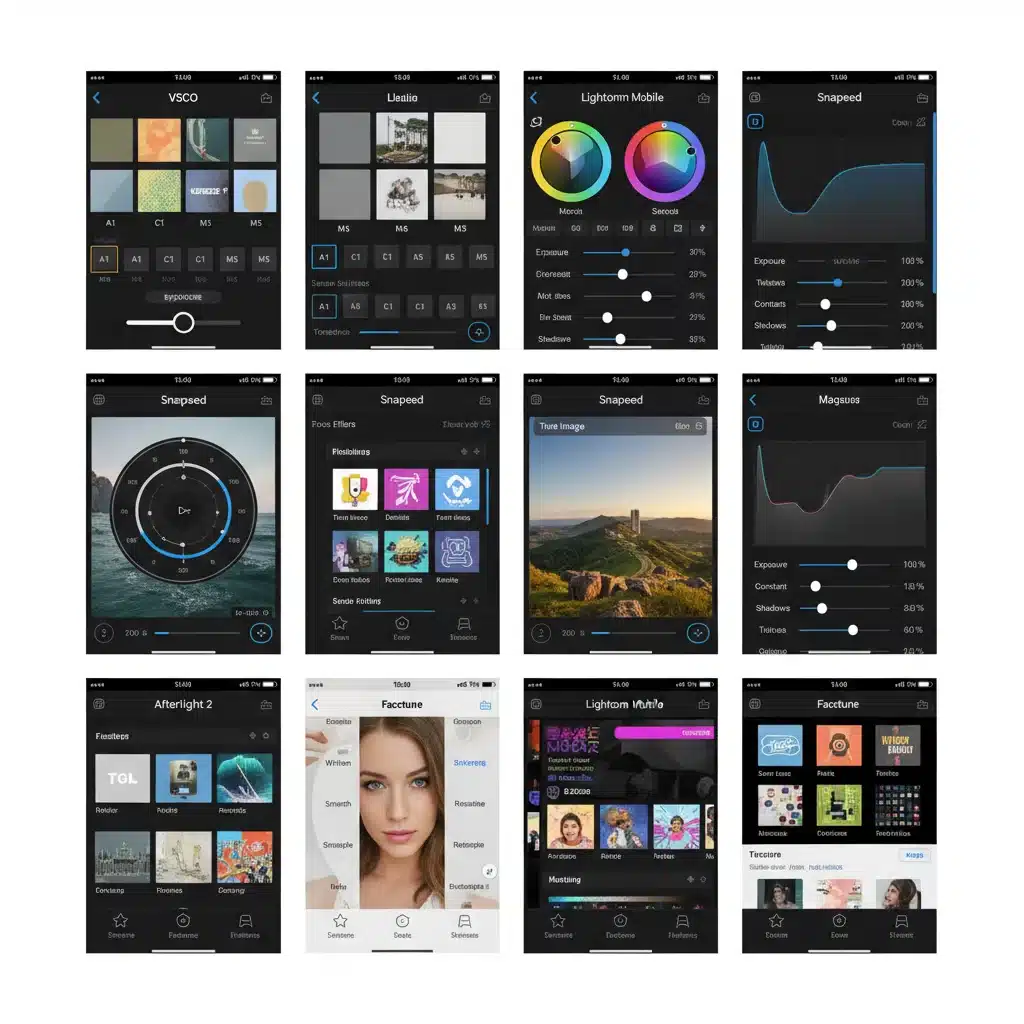 Collage of diverse user interfaces from popular iPhone photo editing applications, highlighting various features.