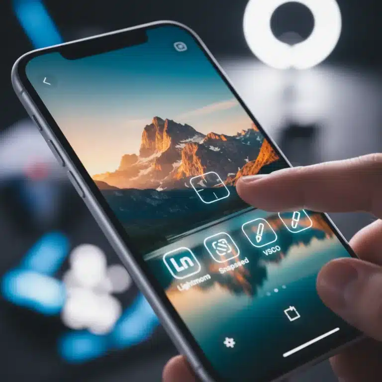 iPhone displaying a stunning landscape photo edited with a mobile app, symbolizing creative photo editing.