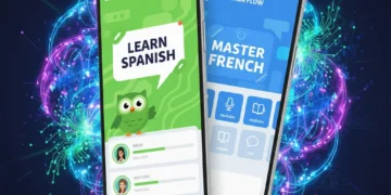 Futuristic mobile screens showing Duolingo and Babbel interfaces with 2026 updates