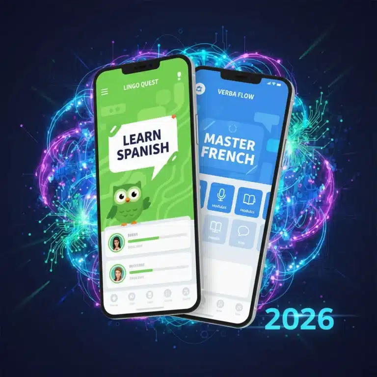 Futuristic mobile screens showing Duolingo and Babbel interfaces with 2026 updates