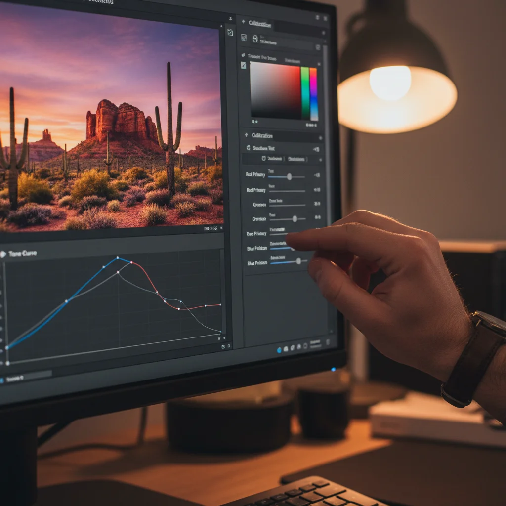 Hand adjusting color calibration slider in Adobe Lightroom for precise photo editing