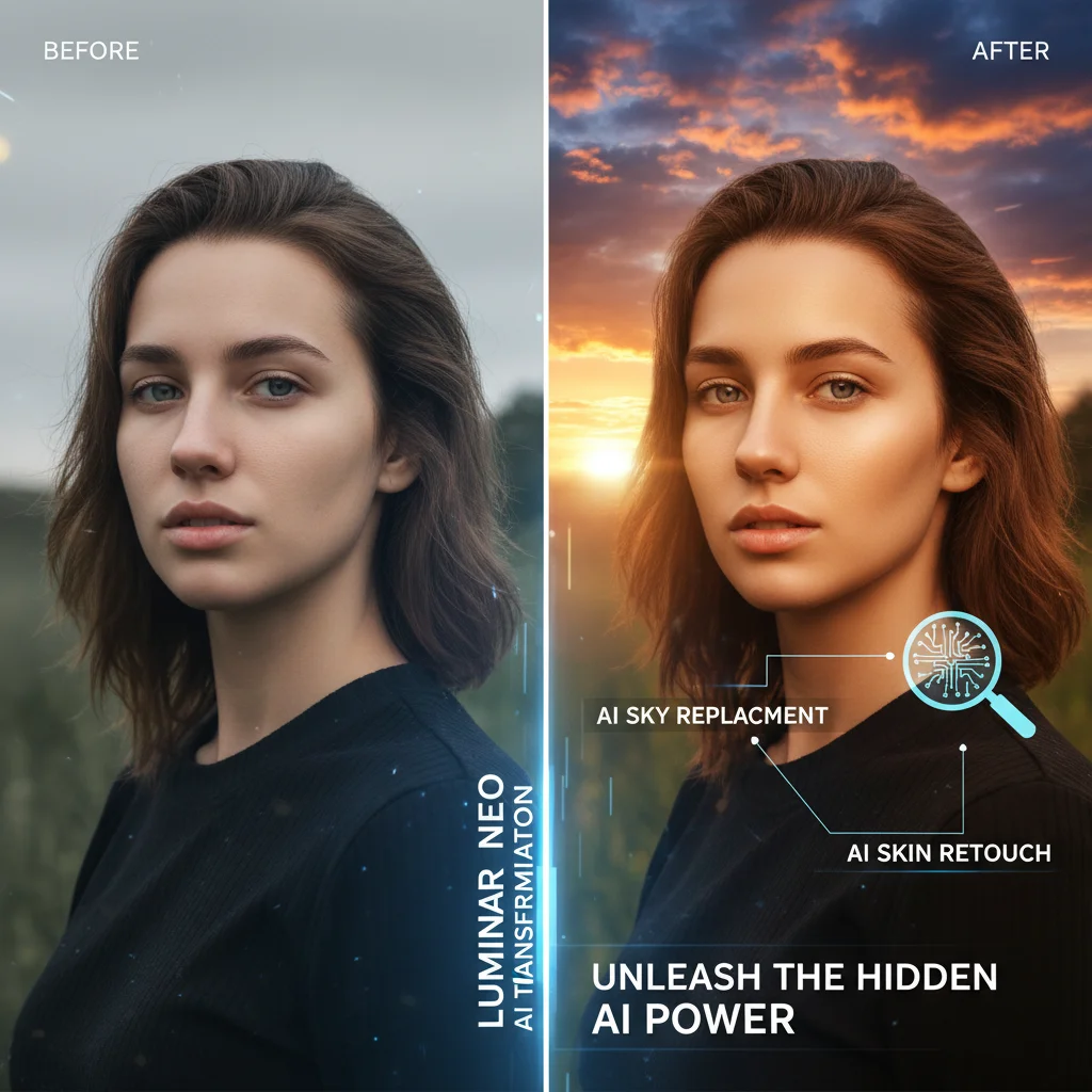 Before and after comparison of a portrait photo edited with Luminar Neo's AI tools