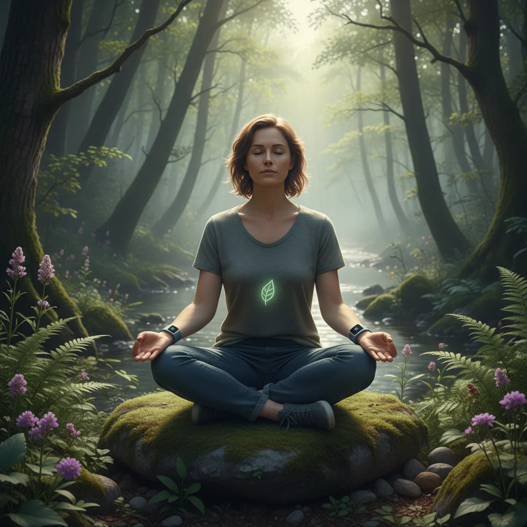 Person meditating outdoors, balancing nature and tech use