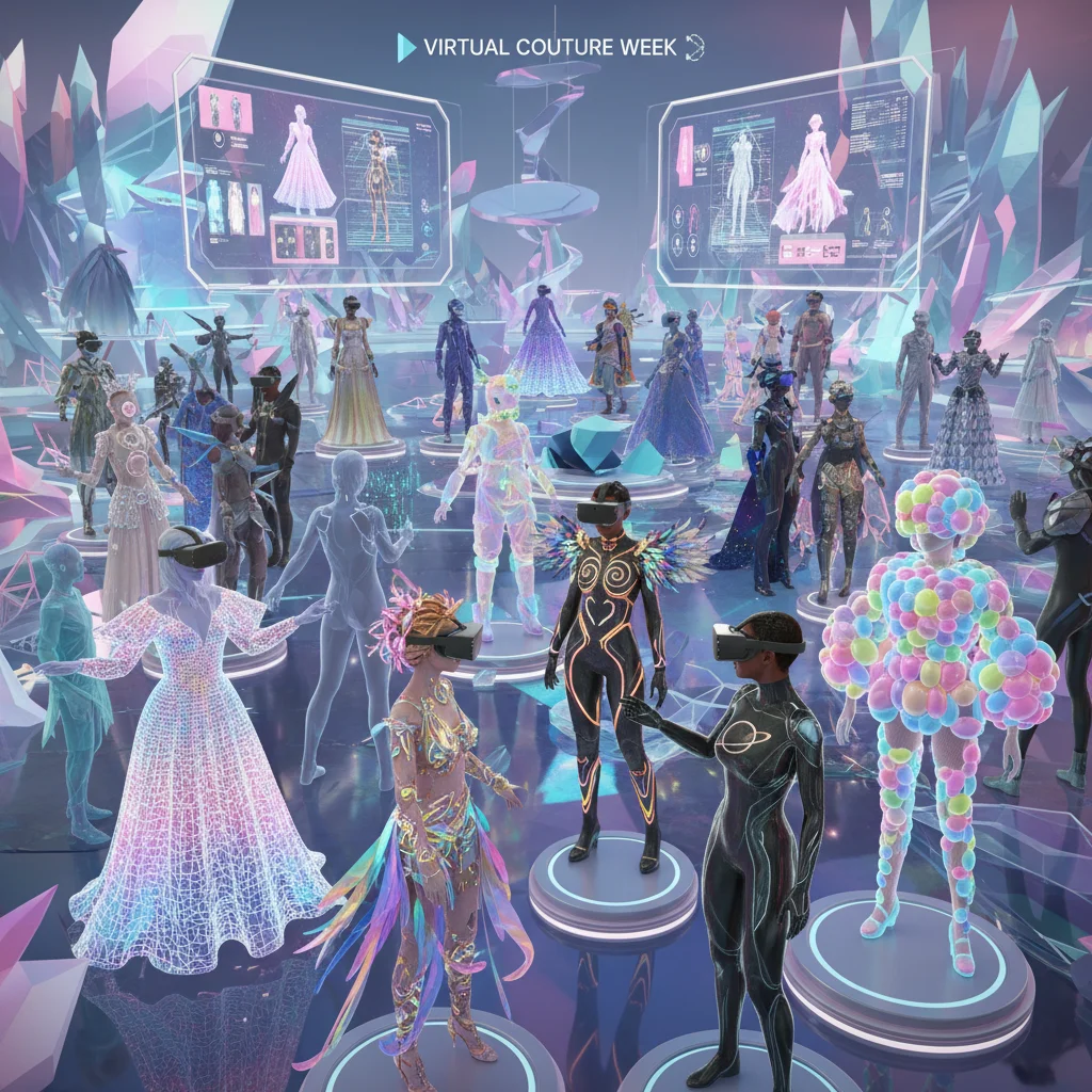 Digital avatars in a metaverse environment, dressed in diverse digital fashion, representing community and virtual expression.