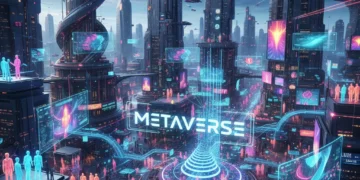 Futuristic digital city with interconnected avatars and data streams representing metaverse trends 2026
