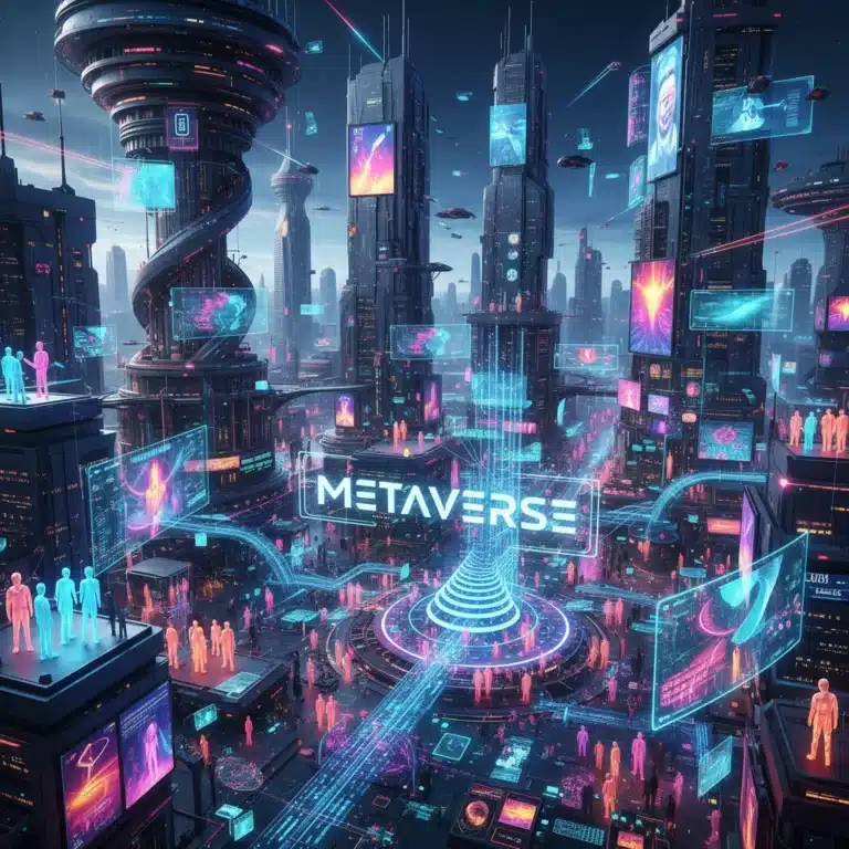 Futuristic digital city with interconnected avatars and data streams representing metaverse trends 2026