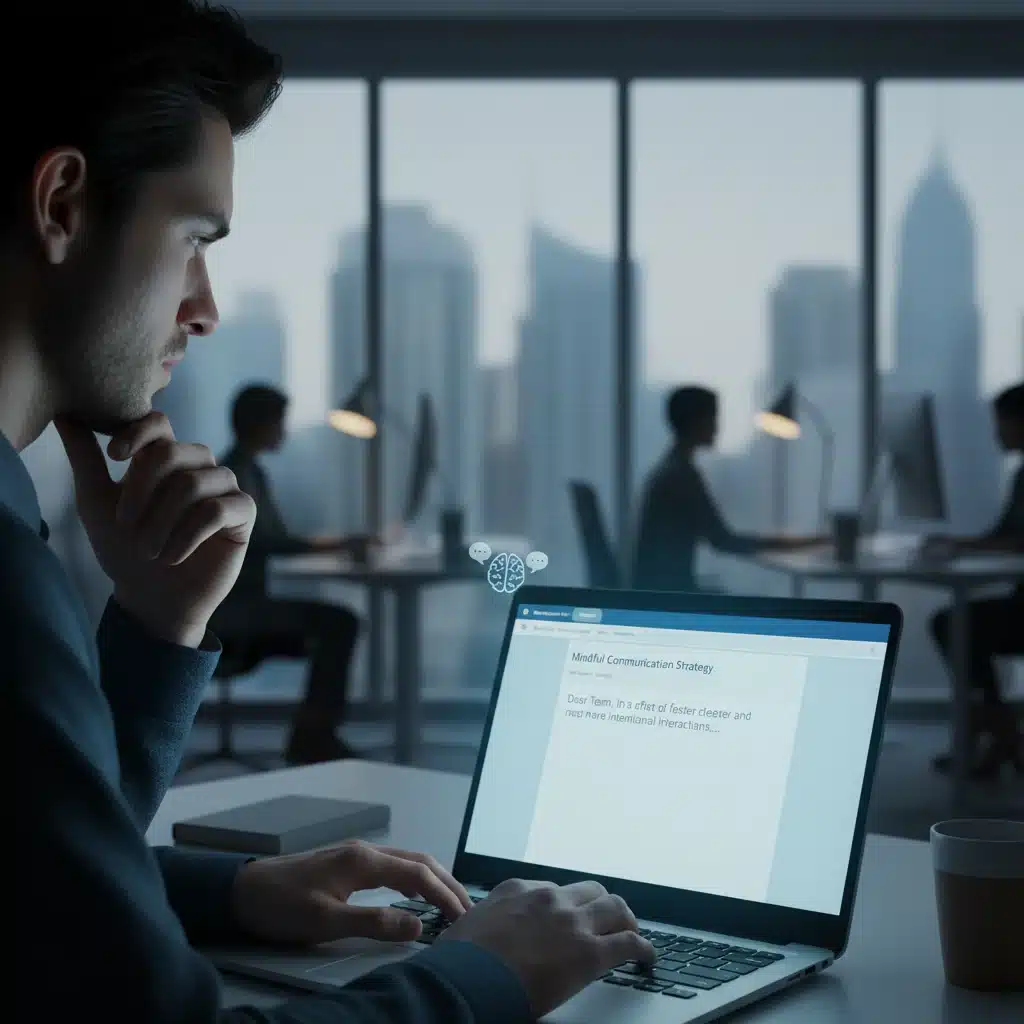 Thoughtful professional composing digital message on laptop