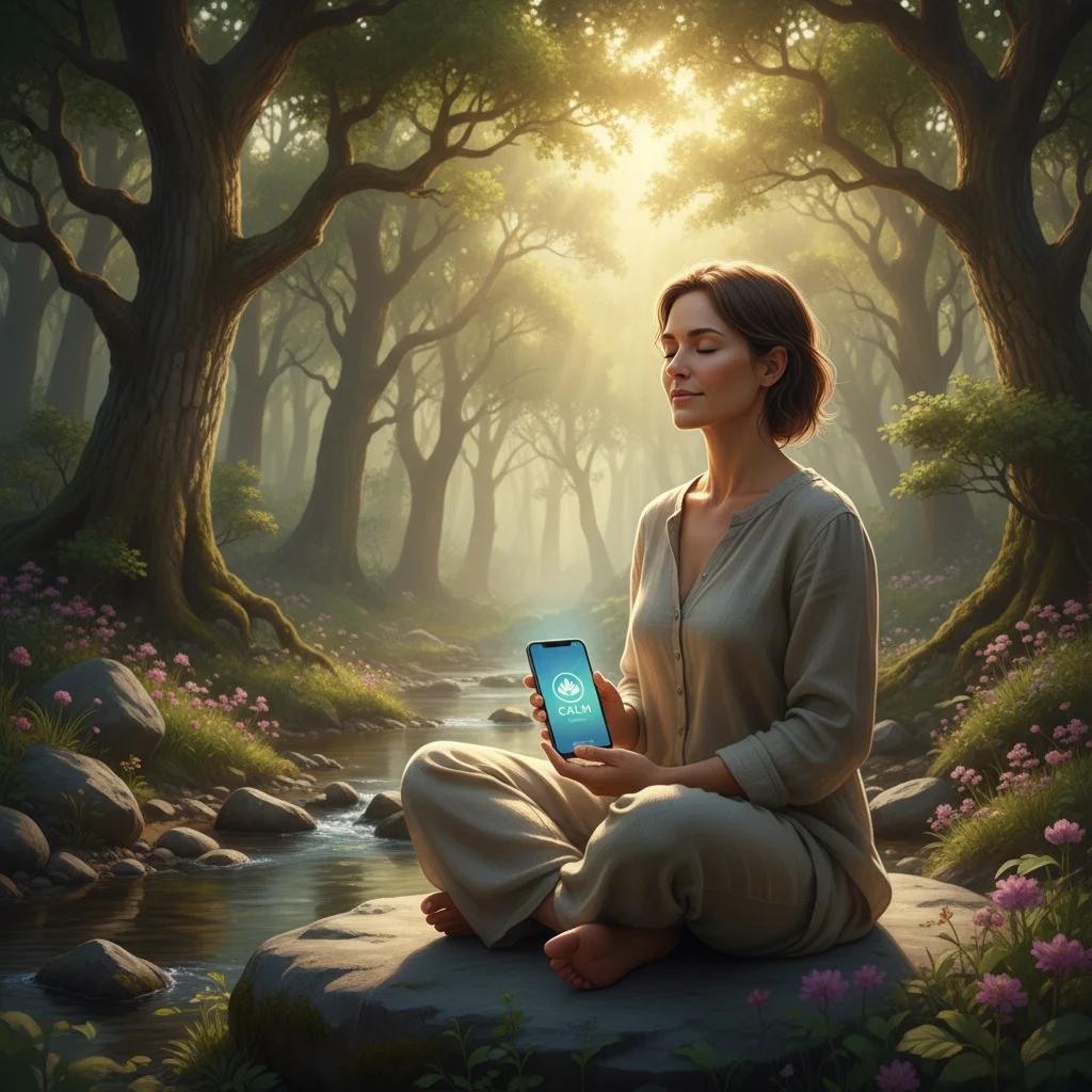 Person meditating outdoors, using a mindfulness app on a smartphone to achieve peace and digital detox.