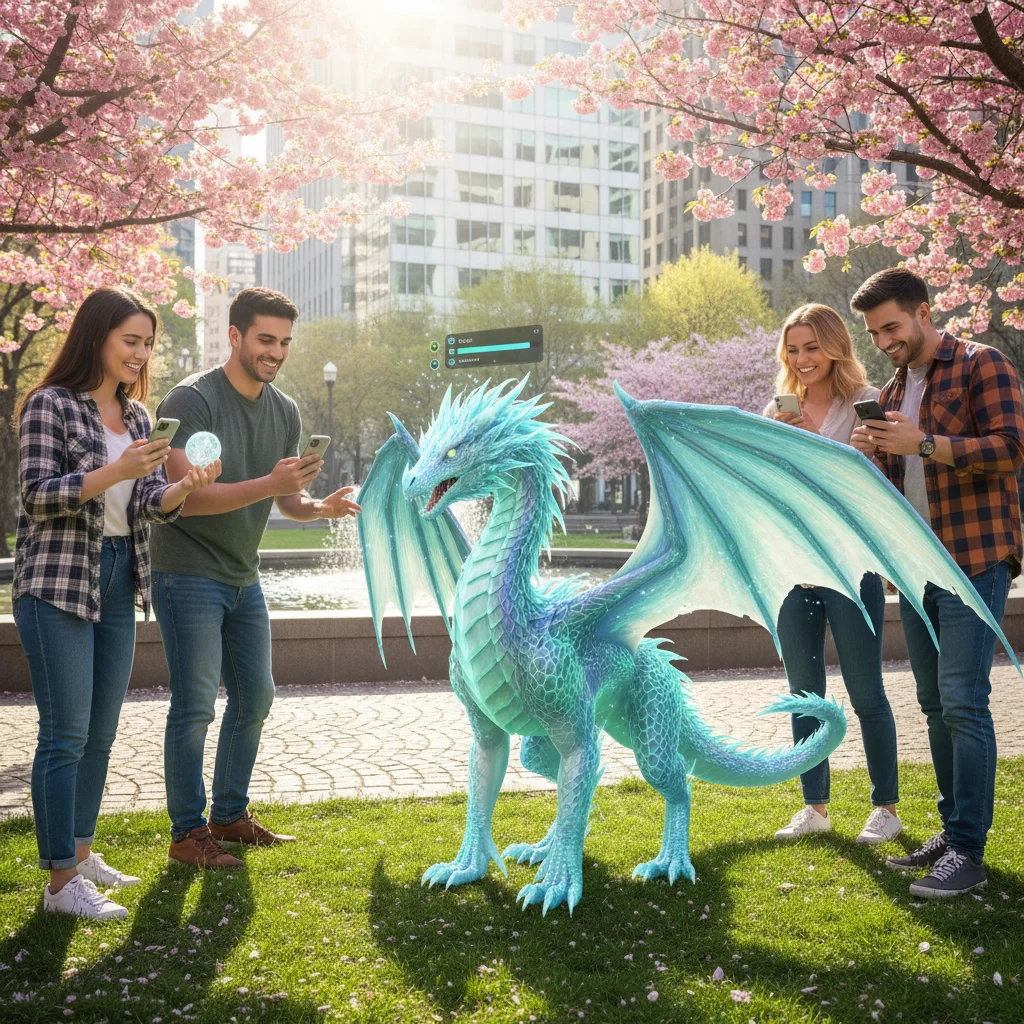 Friends interacting with realistic 3D AR character in a park using 5G mmWave.