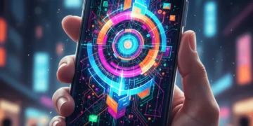 Futuristic smartphone displaying vibrant digital art created using a mobile app, held by an artist's hand.