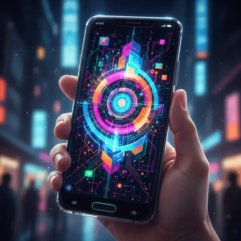 Futuristic smartphone displaying vibrant digital art created using a mobile app, held by an artist's hand.