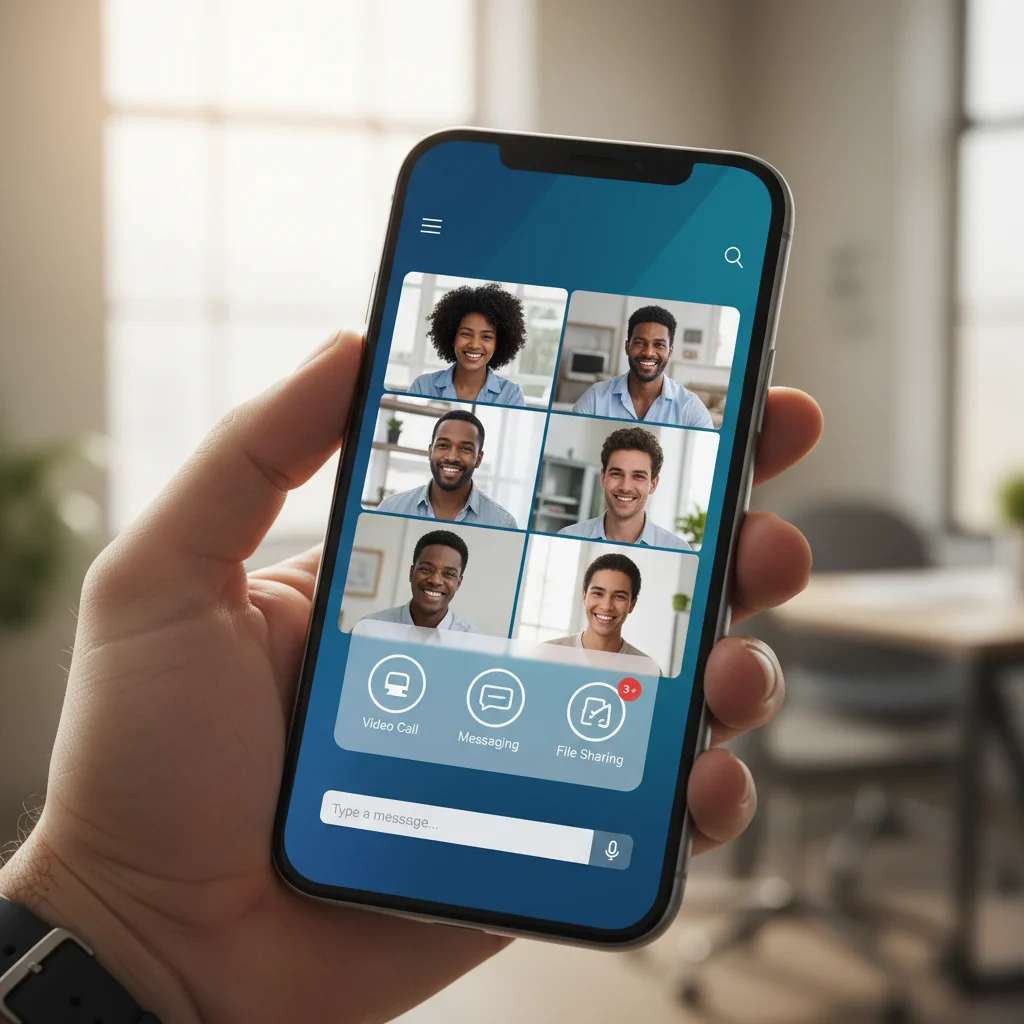 Smartphone displaying a modern communication app interface with group video call and messaging options.