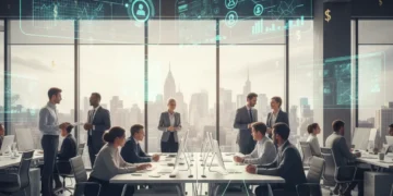 Modern office scene with professionals using productivity tools, illustrating financial savings and business growth.