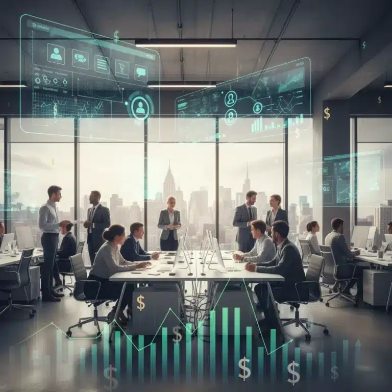Modern office scene with professionals using productivity tools, illustrating financial savings and business growth.