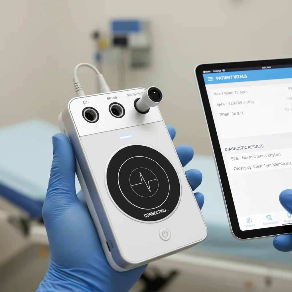 Compact multi-functional diagnostic device for remote patient examination.