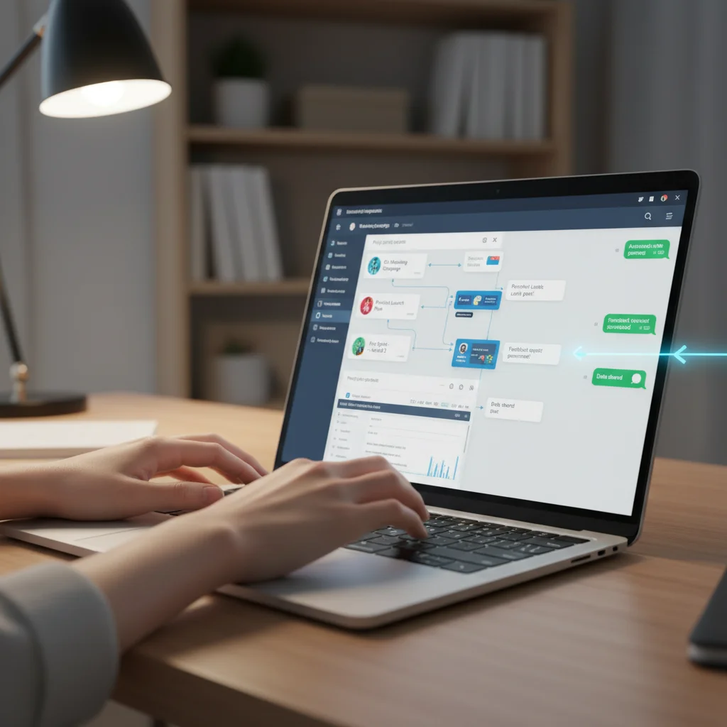 Hands typing on a laptop, demonstrating efficient multitasking between project management and communication apps.