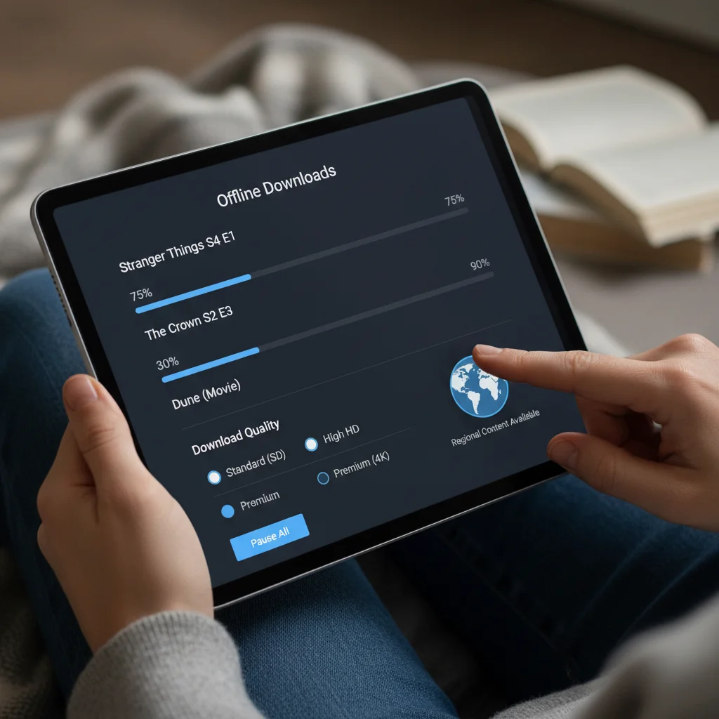 Tablet screen showing advanced offline download management and regional content settings in a streaming application.