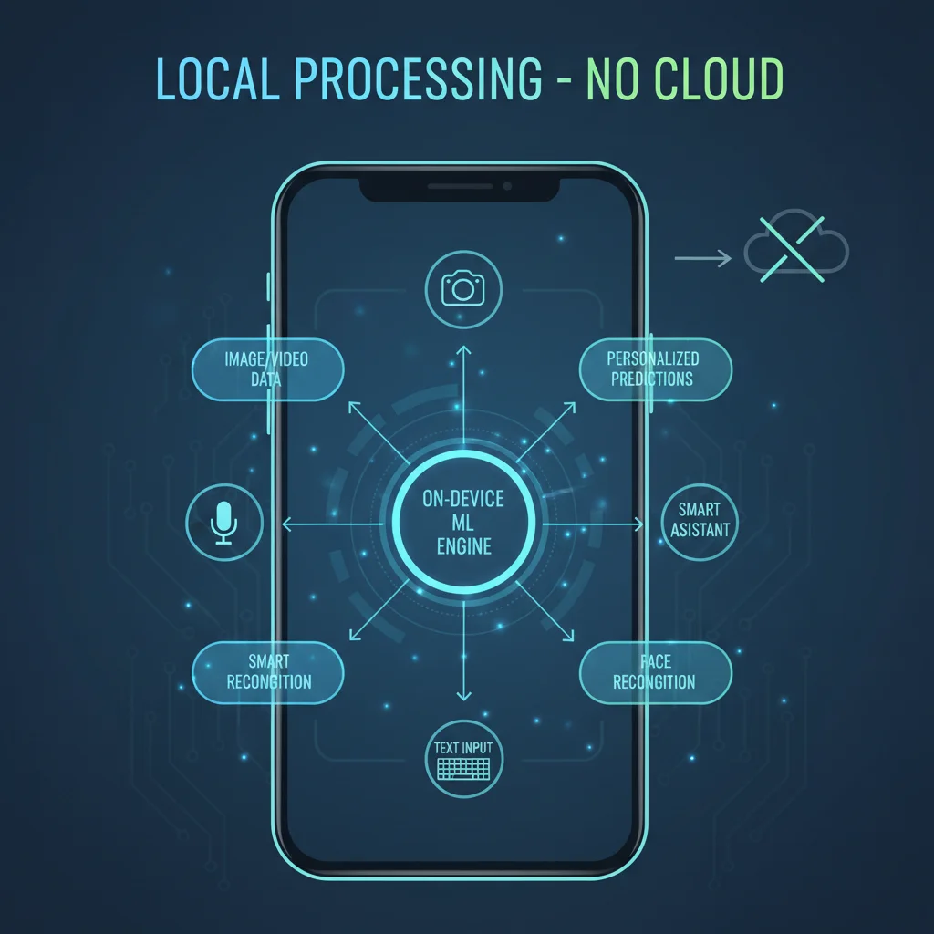Diagram showing data processed locally on a smartphone using on-device machine learning.