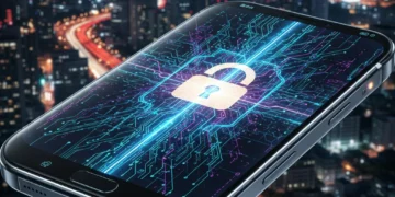 Futuristic smartphone with secure data streams and a padlock icon representing on-device machine learning privacy.