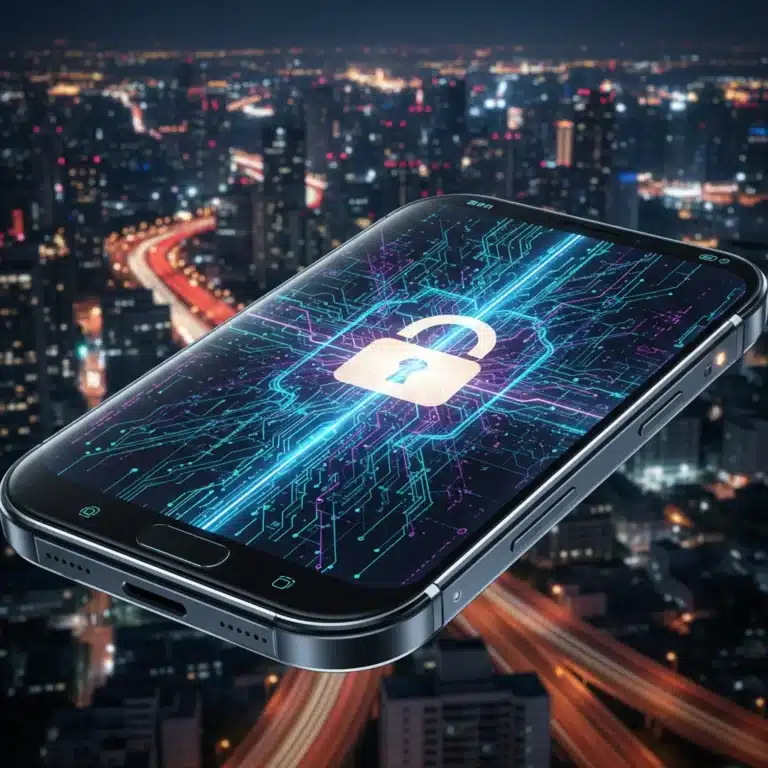 Futuristic smartphone with secure data streams and a padlock icon representing on-device machine learning privacy.
