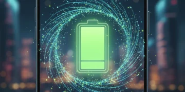 Smartphone with full battery icon and digital energy lines, symbolizing optimized battery life.