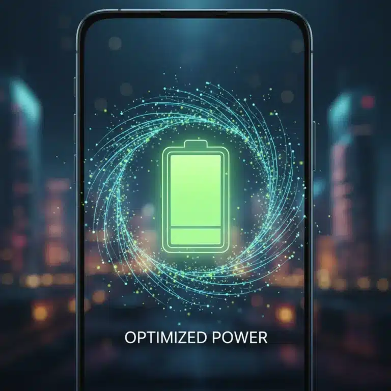 Smartphone with full battery icon and digital energy lines, symbolizing optimized battery life.