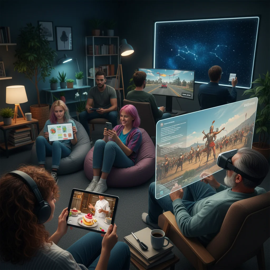 Diverse individuals enjoying personalized niche streaming content