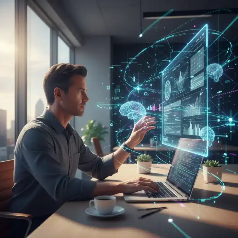 Person optimizing workflow with personalized productivity apps on digital devices.
