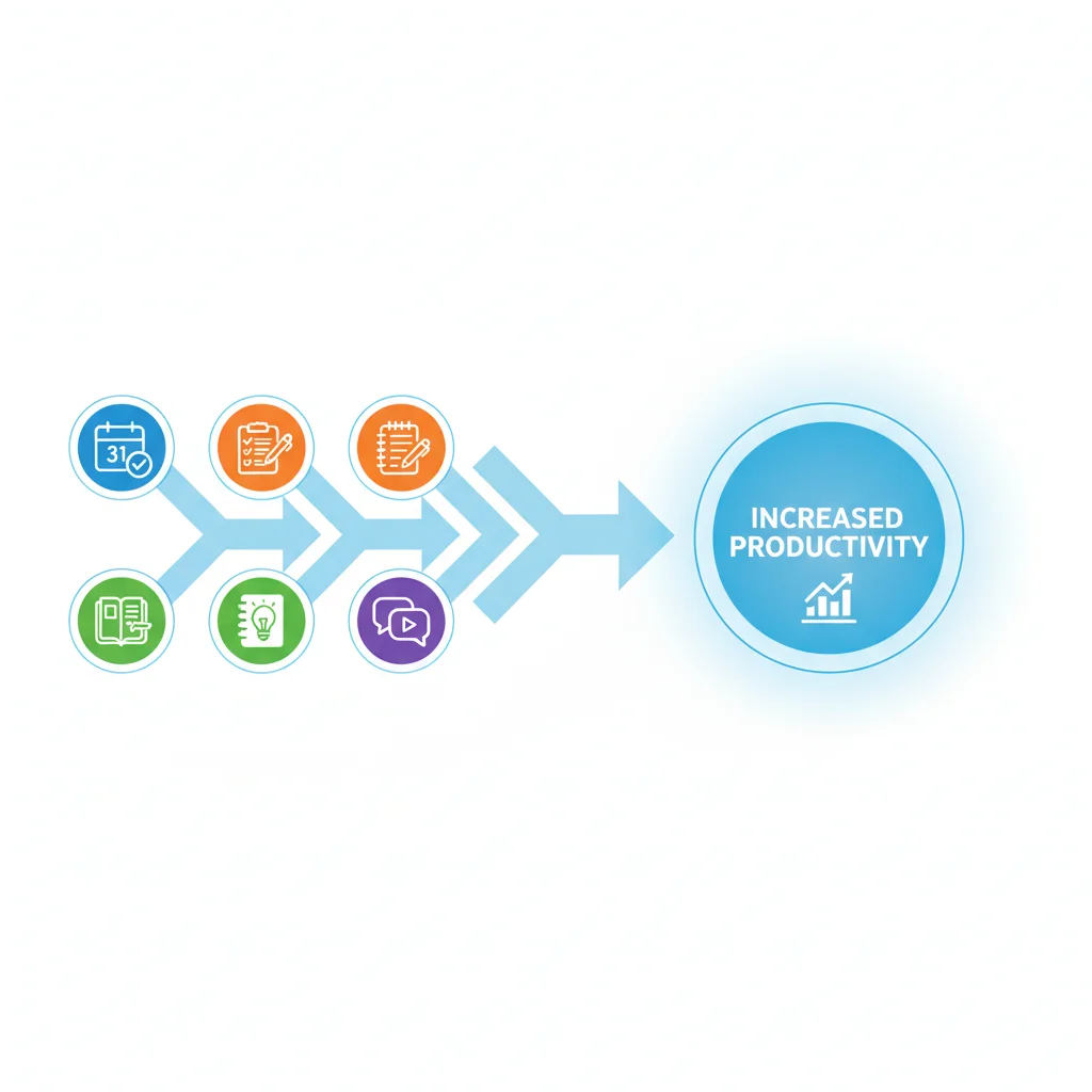 Infographic showing data flow and connections between calendar, task manager, note-taking, and communication apps leading to increased productivity.