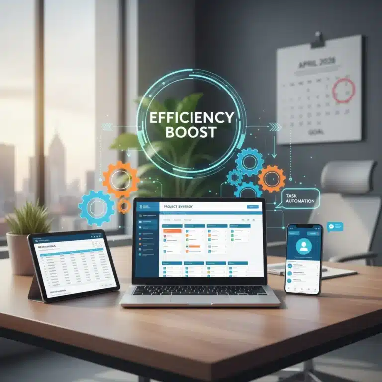 Digital devices interconnected, showing productivity apps and a calendar highlighting April 2026, symbolizing workflow integration and efficiency.