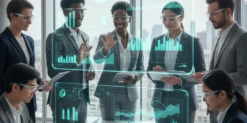 Professionals collaborating with advanced productivity tools and AI interfaces