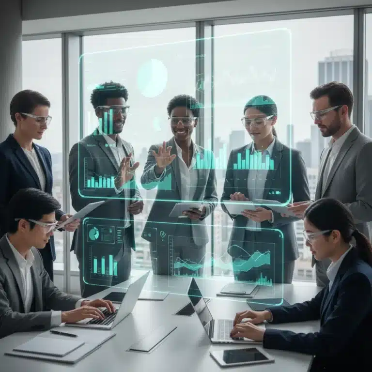 Professionals collaborating with advanced productivity tools and AI interfaces