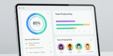 Modern project management app interface on a tablet, showcasing task management and collaboration features for 2026.