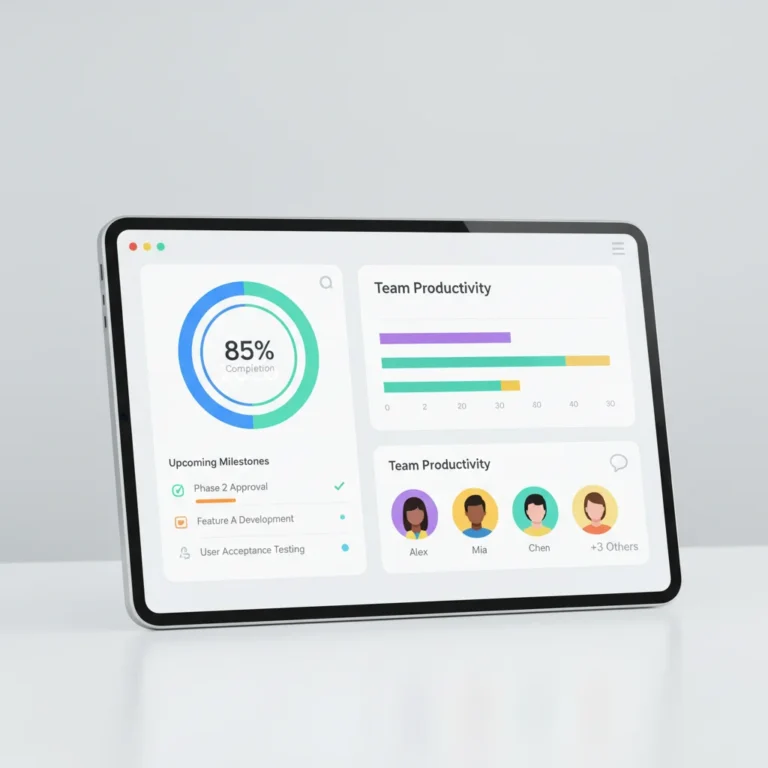 Modern project management app interface on a tablet, showcasing task management and collaboration features for 2026.