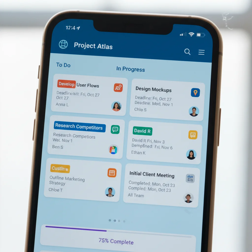 Smartphone displaying a project management app with task lists.