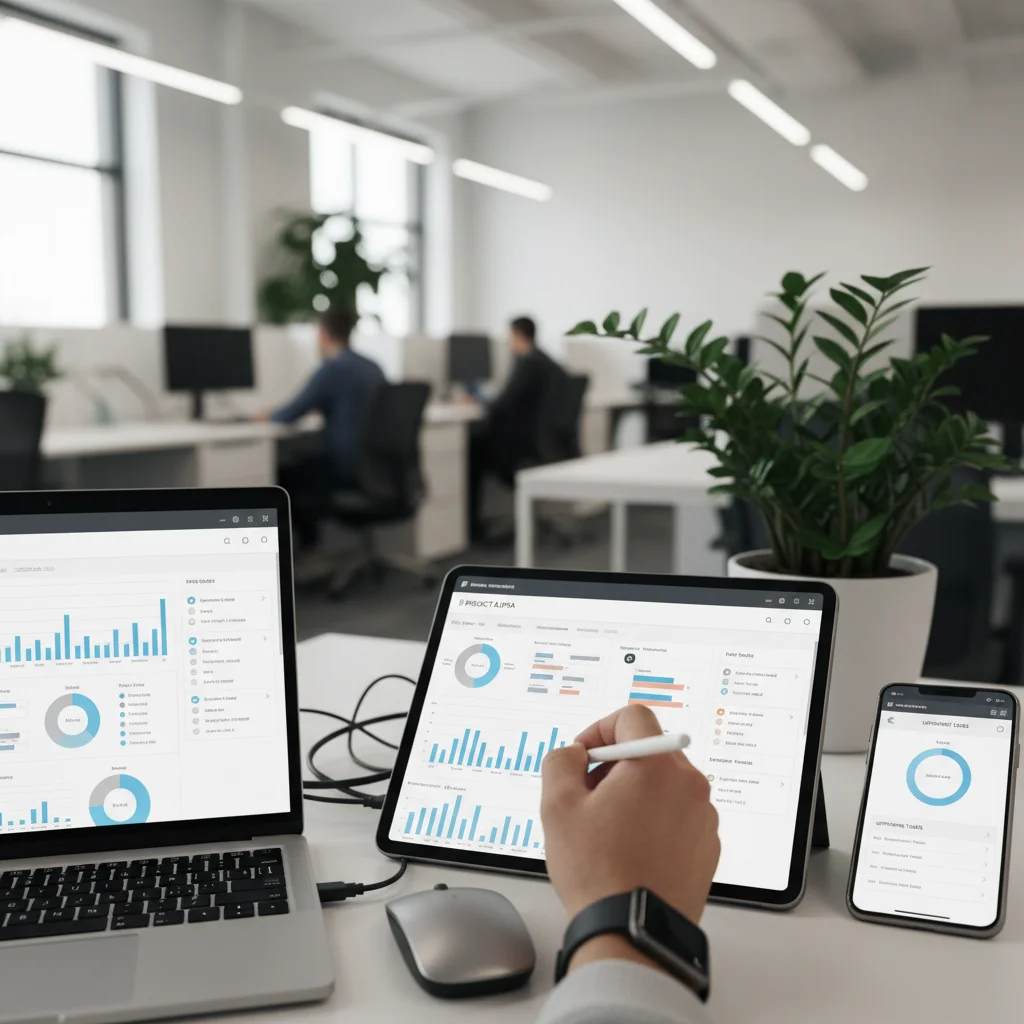 Hand interacting with project management dashboard on tablet, synchronized across devices.