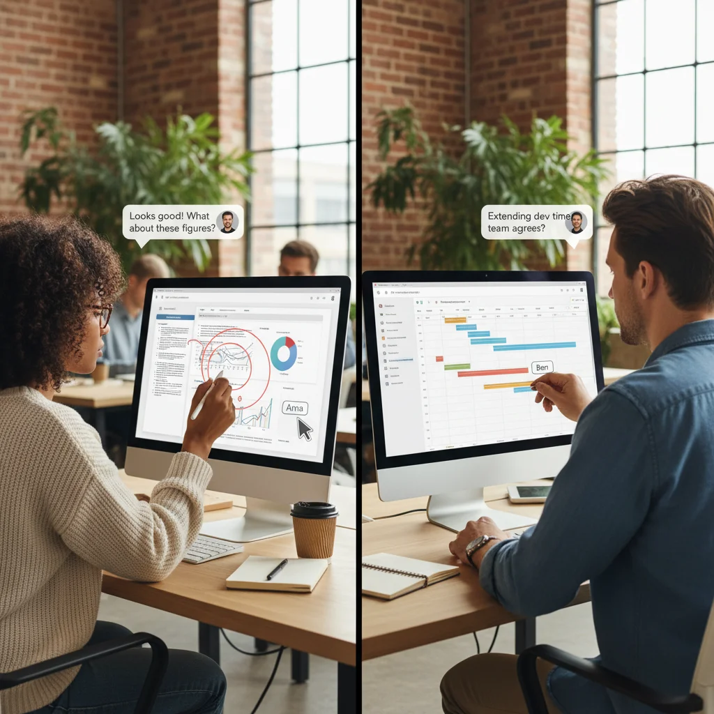 Team members collaborating in real-time on a digital project workspace
