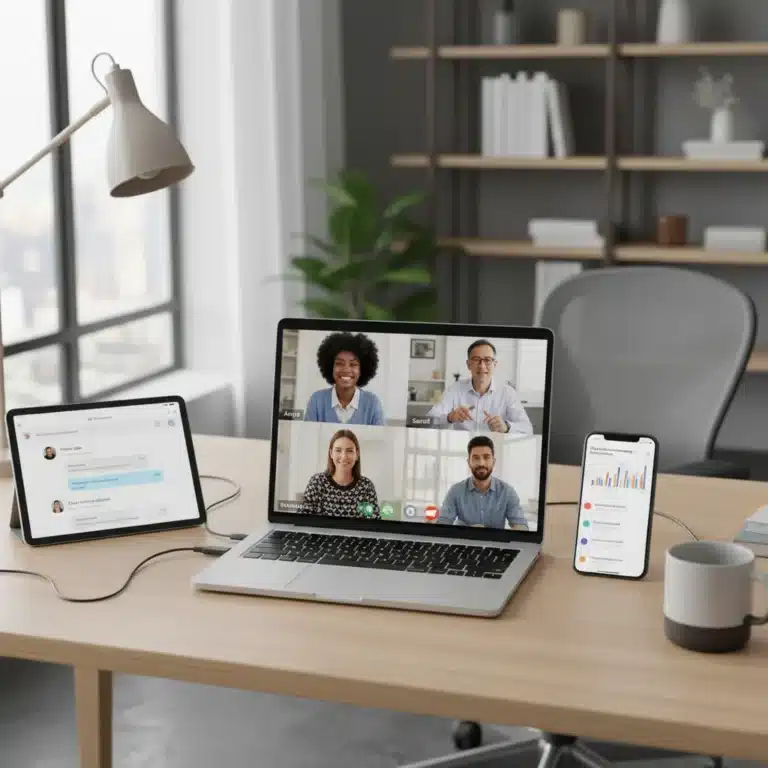 Remote team collaborating on video call, boosting productivity